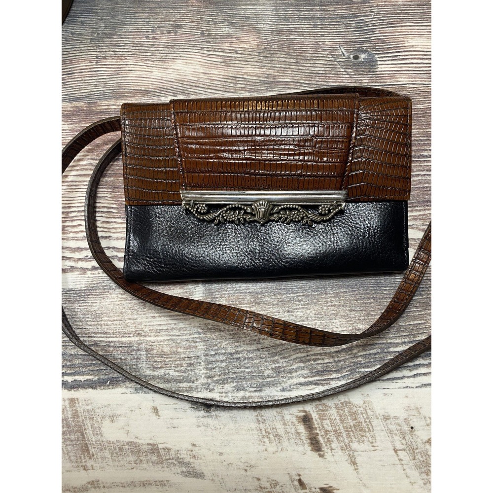 Brighton Vintage Leather Checkbook Wallet on a String Crossbody Tan Black Small